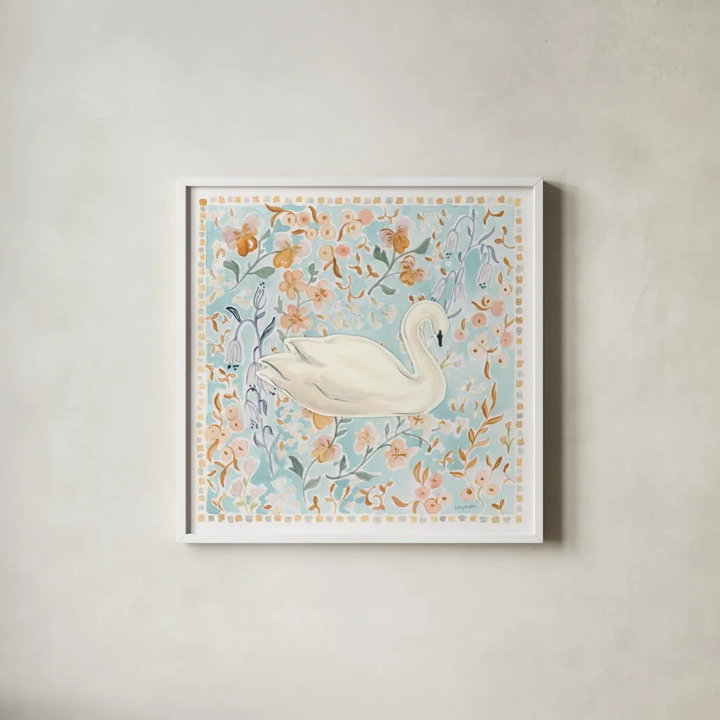 Chinoiserie Swan by Haley Knighten. Shown in a crisp white glass frame for a clean and minimalist style. Available as an archival giclee rolled canvas, fine art paper, or poster print. SKU 98630a.