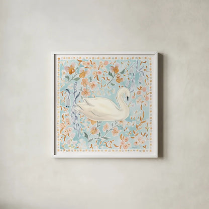 Chinoiserie Swan by Haley Knighten. Shown in a crisp white glass frame for a clean and minimalist style. Available as an archival giclee rolled canvas, fine art paper, or poster print. SKU 98630a.