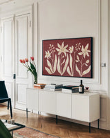 Cinnamon Flowers by Haley Knighten. shown as a framed stretched canvas in a living room above a console. Available as a archival giclee rolled canvas, fine art paper, or poster print. SKU 98627i.