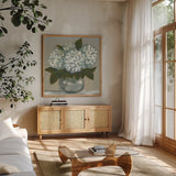 Claire by Haley Knighten. Shown in a natural wood frame in a cozy modern living room. Available as an archival giclee rolled canvas, fine art paper, or poster print. SKU 91820a.