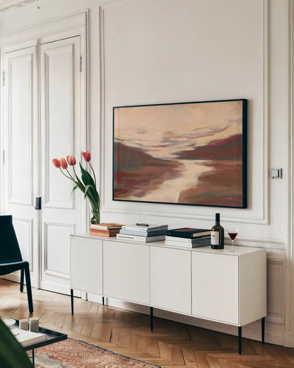 Crimson Creek by Haley Knighten. shown as a framed stretched canvas in a living room above a console. Available as a archival giclee rolled canvas, fine art paper, or poster print. SKU 90132i.