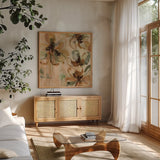 Fever Dream I by Haley Knighten. Shown in a natural wood frame in a cozy modern living room. Available as an archival giclee rolled canvas, fine art paper, or poster print. SKU 95248a.