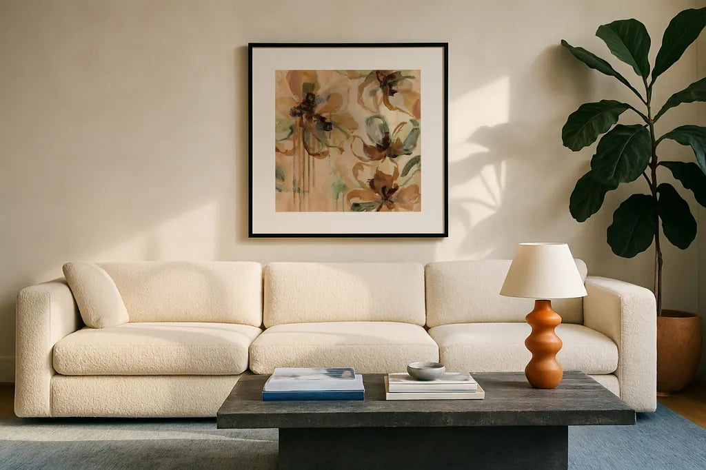Fever Dream I by Haley Knighten. Displayed in a glass frame with matte in a clean modern living room. Available as an archival giclee rolled canvas, fine art paper, or poster print. SKU 95248a.