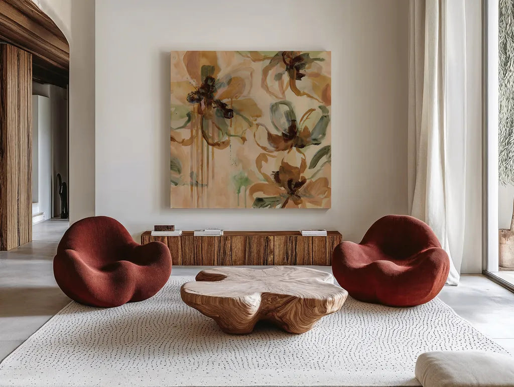 Fever Dream I by Haley Knighten. Shown as extra-large giant wall art in a modern living room. Available as an archival giclee rolled canvas, fine art paper, or poster print. SKU 95248a.