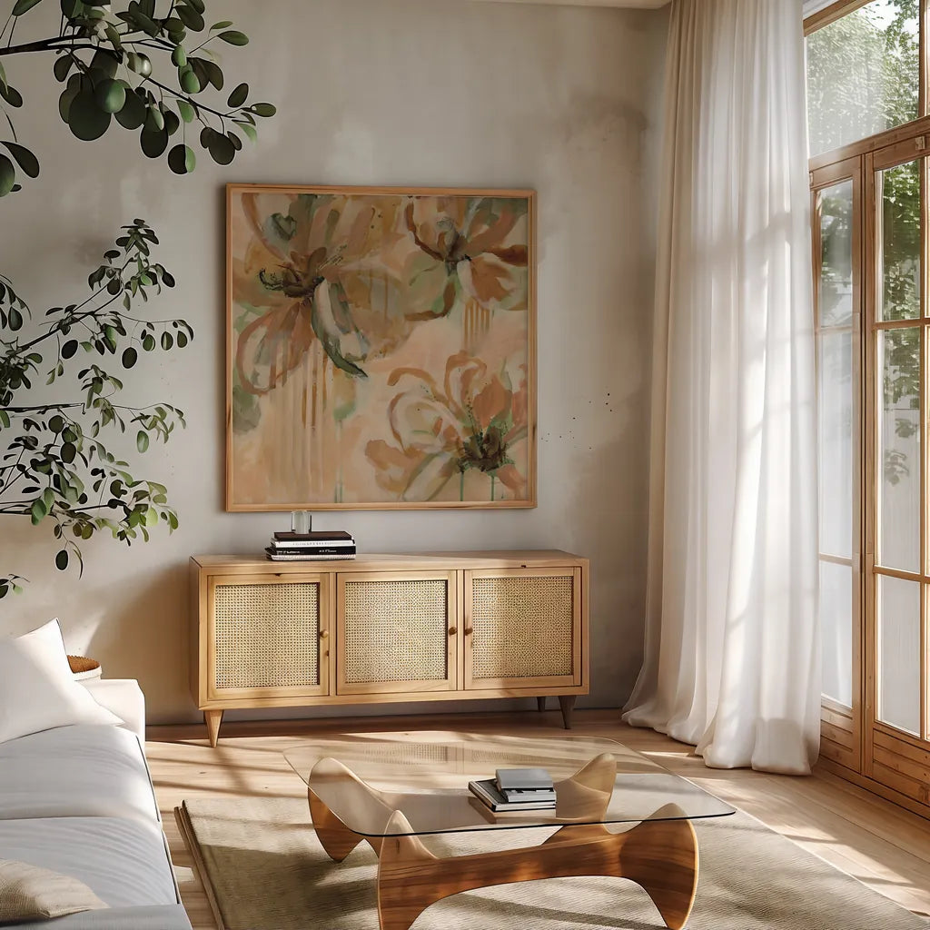 Fever Dream II by Haley Knighten. Shown in a natural wood frame in a cozy modern living room. Available as an archival giclee rolled canvas, fine art paper, or poster print. SKU 95249a.