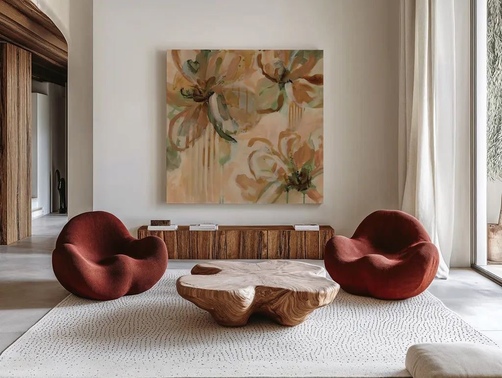 Fever Dream II by Haley Knighten. Shown as extra-large giant wall art in a modern living room. Available as an archival giclee rolled canvas, fine art paper, or poster print. SKU 95249a.