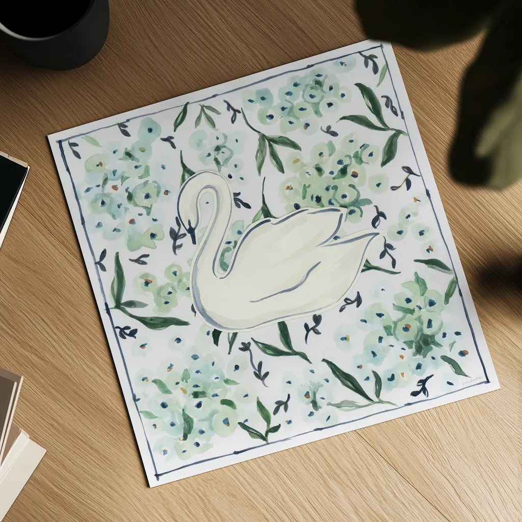 Green Hydrangea Swan by Haley Knighten. Shown as a detailed flat fine art print, highlighting archival giclee quality. Available as an archival giclee rolled canvas, fine art paper, or poster print. SKU 99949a.