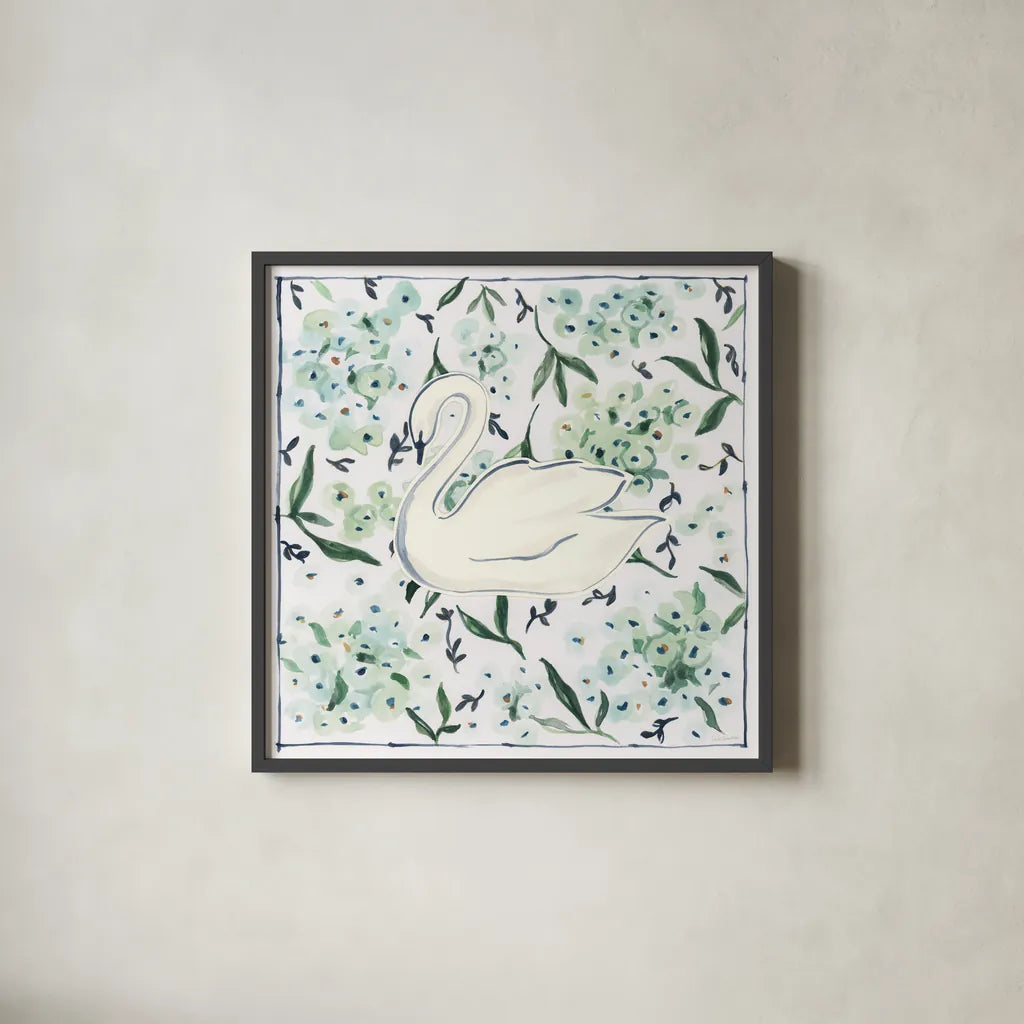 Green Hydrangea Swan by Haley Knighten. Shown in a sleek black glass frame for a contemporary gallery look. Available as an archival giclee rolled canvas, fine art paper, or poster print. SKU 99949a.