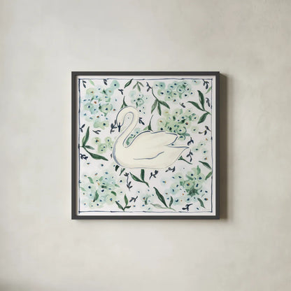 Green Hydrangea Swan by Haley Knighten. Shown in a sleek black glass frame for a contemporary gallery look. Available as an archival giclee rolled canvas, fine art paper, or poster print. SKU 99949a.