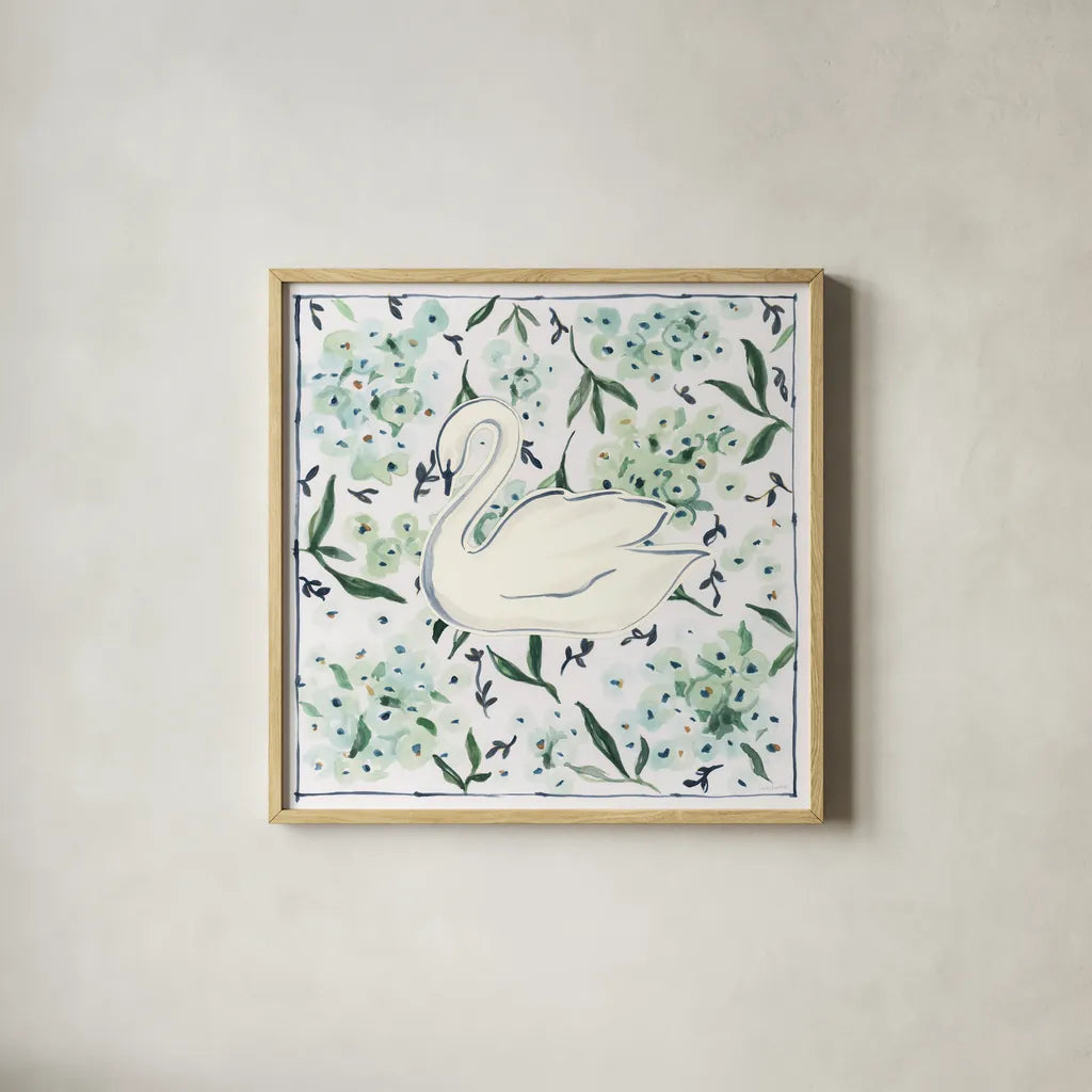 Green Hydrangea Swan by Haley Knighten. Shown in a natural wood glass frame for a timeless modern aesthetic. Available as an archival giclee rolled canvas, fine art paper, or poster print. SKU 99949a.
