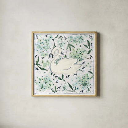 Green Hydrangea Swan by Haley Knighten. Shown in a natural wood glass frame for a timeless modern aesthetic. Available as an archival giclee rolled canvas, fine art paper, or poster print. SKU 99949a.