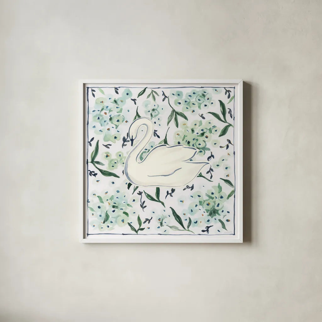 Green Hydrangea Swan by Haley Knighten. Shown in a crisp white glass frame for a clean and minimalist style. Available as an archival giclee rolled canvas, fine art paper, or poster print. SKU 99949a.
