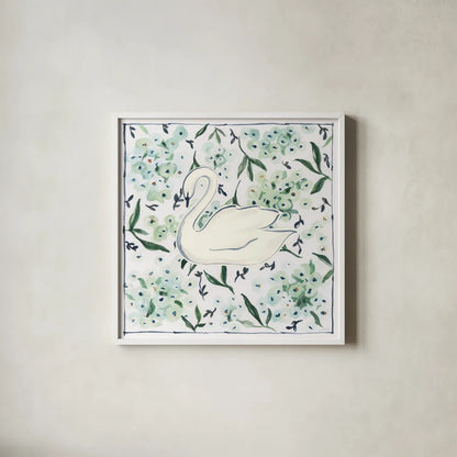 Green Hydrangea Swan by Haley Knighten. Shown in a crisp white glass frame for a clean and minimalist style. Available as an archival giclee rolled canvas, fine art paper, or poster print. SKU 99949a.