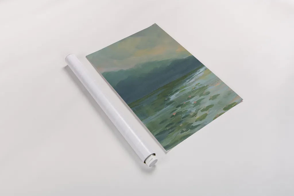 Lily Pad Lagoon II by Haley Knighten. shown as a rolled paper print. Available as archival giclee rolled canvas, fine art paper, or poster print. SKU 90494h.