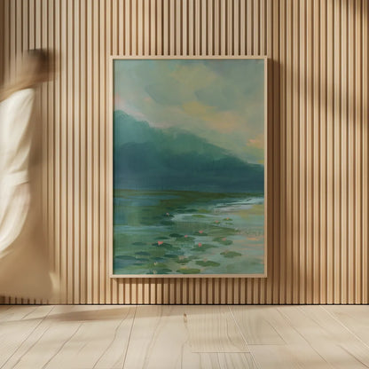 Lily Pad Lagoon II by Haley Knighten. shown as over sized large wall art. Available as an archival giclee rolled canvas, fine art paper, or poster print. SKU 90494h.