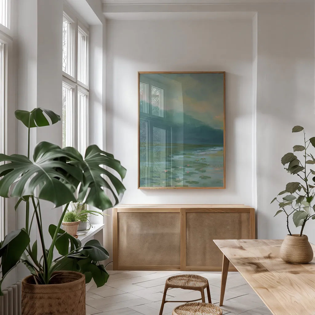 Lily Pad Lagoon II by Haley Knighten. shown as a print in a natural wood frame in a dining room. Available as a archival giclee rolled canvas, fine art paper, or poster print. SKU 90494h.