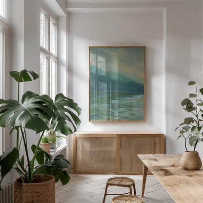 Lily Pad Lagoon II by Haley Knighten. shown as a print in a natural wood frame in a dining room. Available as a archival giclee rolled canvas, fine art paper, or poster print. SKU 90494h.