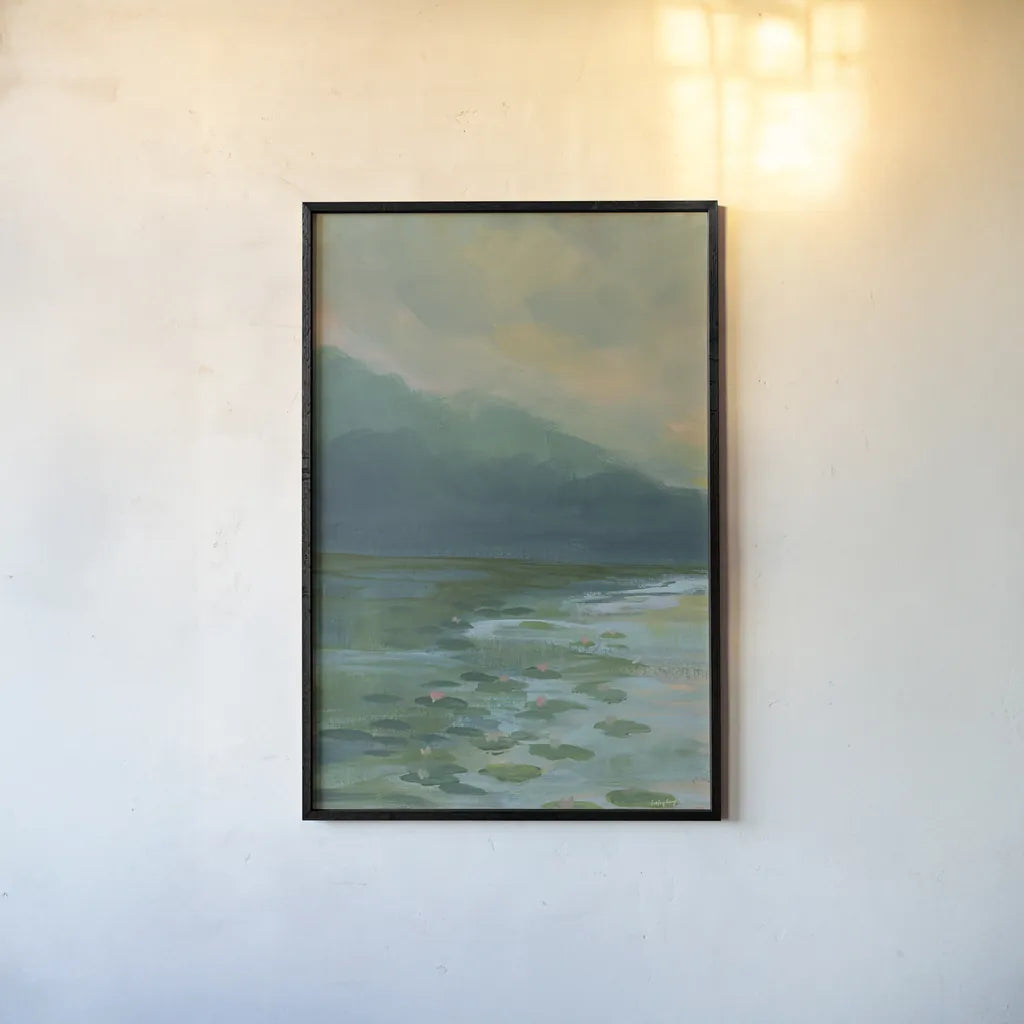 Lily Pad Lagoon II by Haley Knighten. shown as a paper print in a black flame. Available as a archival giclee rolled canvas, fine art paper, or poster print. SKU 90494h.