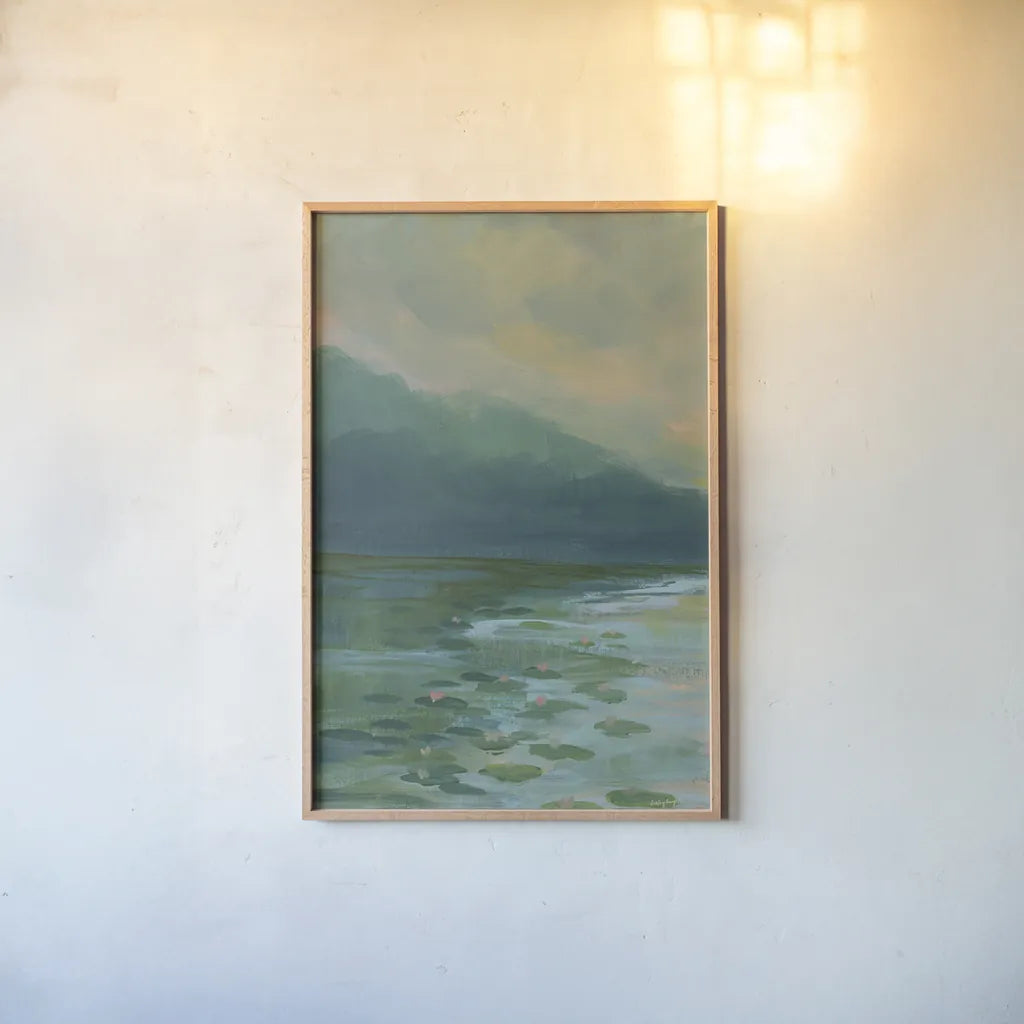 Lily Pad Lagoon II by Haley Knighten. shown as a paper print in a natural frame. Available as a archival giclee rolled canvas, fine art paper, or poster print. SKU 90494h.