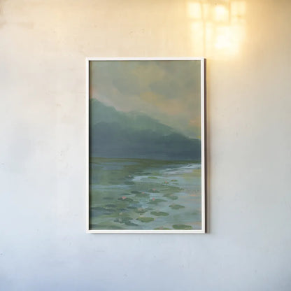 Lily Pad Lagoon II by Haley Knighten. shown as a paper print in a white frame. Available as a archival giclee rolled canvas, fine art paper, or poster print. SKU 90494h.