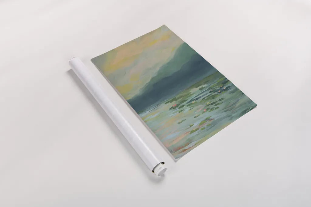 Lily Pad Lagoon III by Haley Knighten. shown as a rolled paper print. Available as archival giclee rolled canvas, fine art paper, or poster print. SKU 90495h.