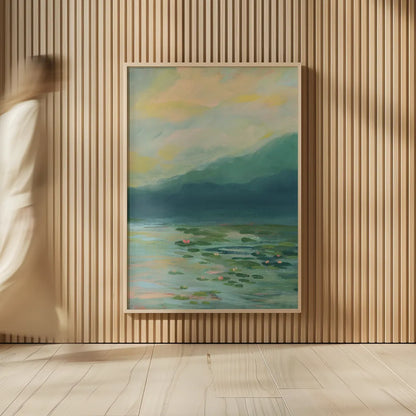 Lily Pad Lagoon III by Haley Knighten. shown as over sized large wall art. Available as an archival giclee rolled canvas, fine art paper, or poster print. SKU 90495h.