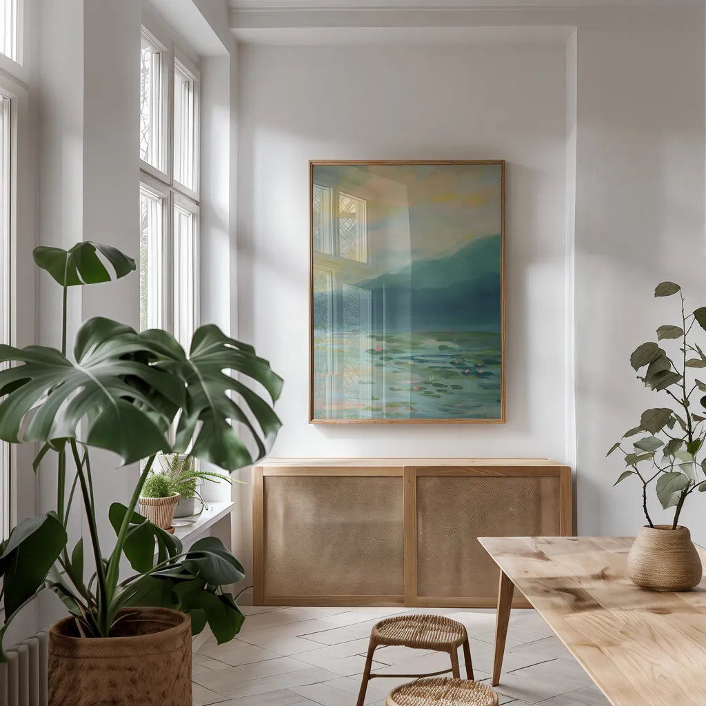 Lily Pad Lagoon III by Haley Knighten. shown as a print in a natural wood frame in a dining room. Available as a archival giclee rolled canvas, fine art paper, or poster print. SKU 90495h.