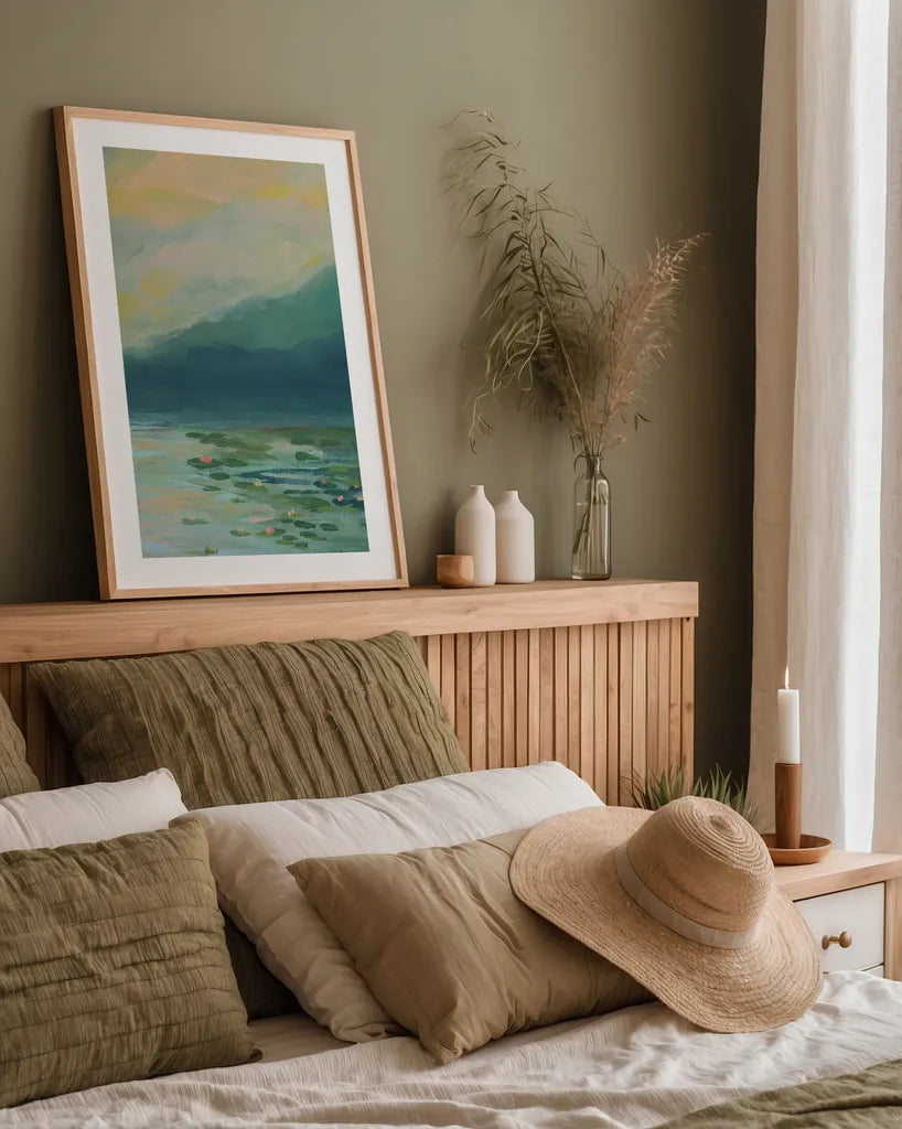 Lily Pad Lagoon III by Haley Knighten. shown as a paper print in a natural frame. Available as a archival giclee rolled canvas, fine art paper, or poster print. SKU 90495h.