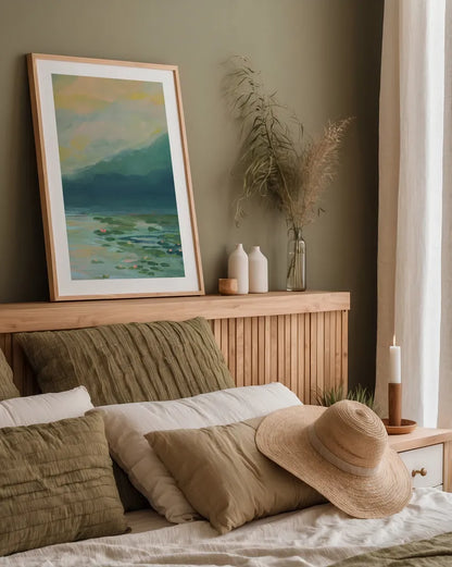 Lily Pad Lagoon III by Haley Knighten. shown as a paper print in a natural frame. Available as a archival giclee rolled canvas, fine art paper, or poster print. SKU 90495h.