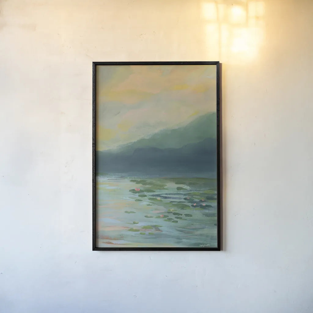 Lily Pad Lagoon III by Haley Knighten. shown as a paper print in a black flame. Available as a archival giclee rolled canvas, fine art paper, or poster print. SKU 90495h.