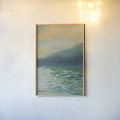 Lily Pad Lagoon III by Haley Knighten. shown as a paper print in a natural frame. Available as a archival giclee rolled canvas, fine art paper, or poster print. SKU 90495h.