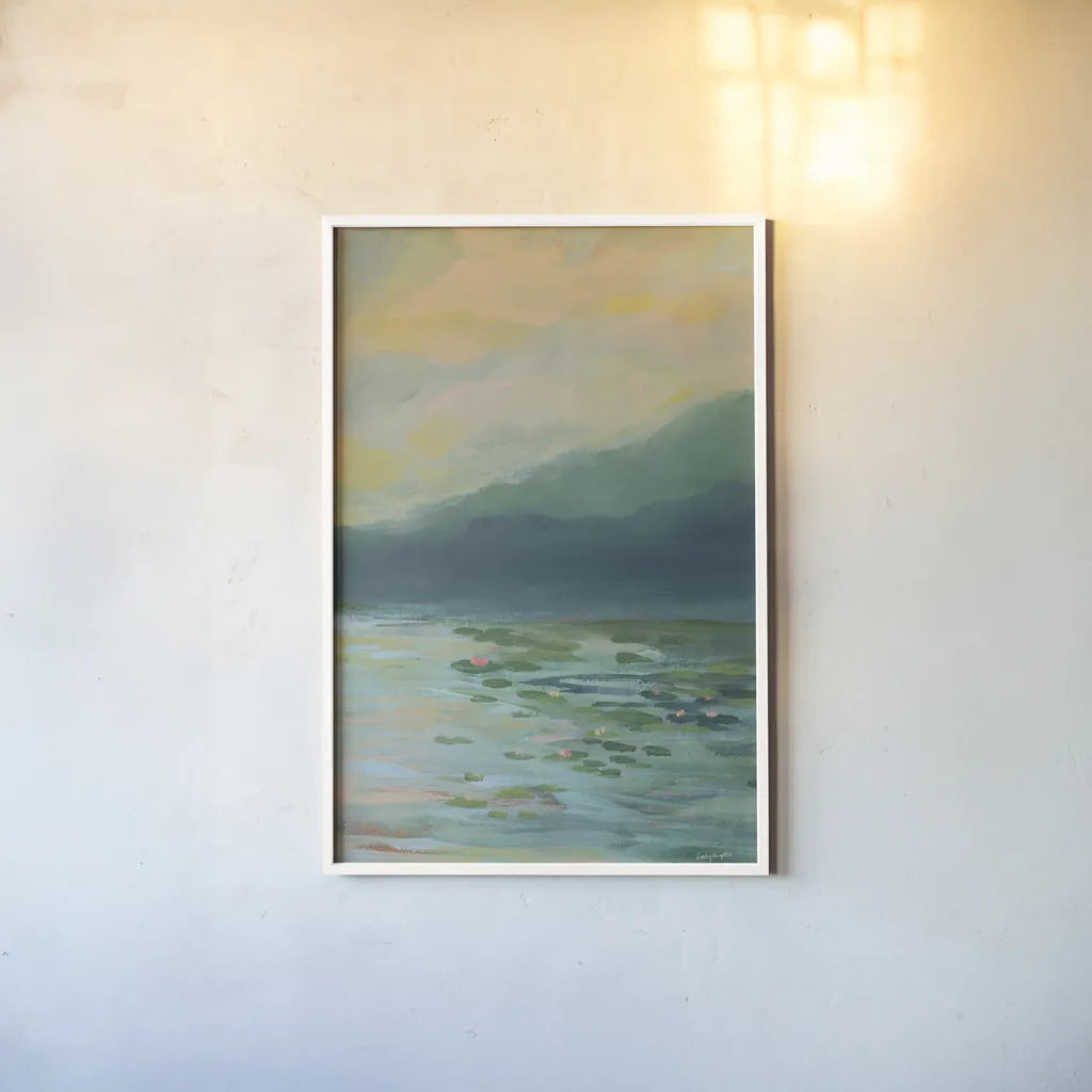 Lily Pad Lagoon III by Haley Knighten. shown as a paper print in a white frame. Available as a archival giclee rolled canvas, fine art paper, or poster print. SKU 90495h.