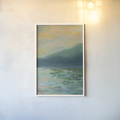 Lily Pad Lagoon III by Haley Knighten. shown as a paper print in a white frame. Available as a archival giclee rolled canvas, fine art paper, or poster print. SKU 90495h.