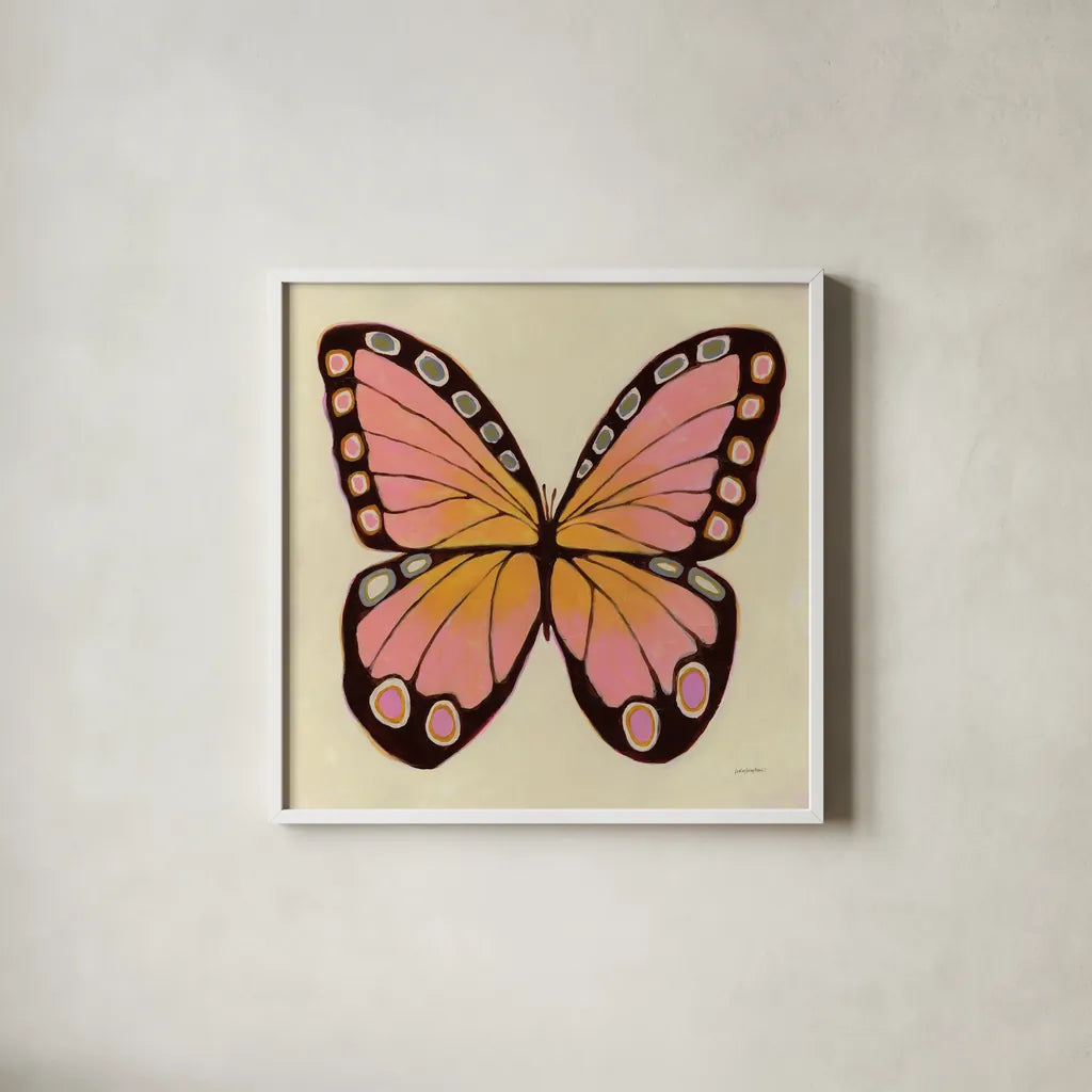 Mariposa by Haley Knighten. Shown in a crisp white glass frame for a clean and minimalist style. Available as an archival giclee rolled canvas, fine art paper, or poster print. SKU 93318a.