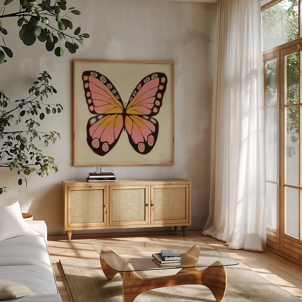 Mariposa by Haley Knighten. Shown in a natural wood frame in a cozy modern living room. Available as an archival giclee rolled canvas, fine art paper, or poster print. SKU 93318a.
