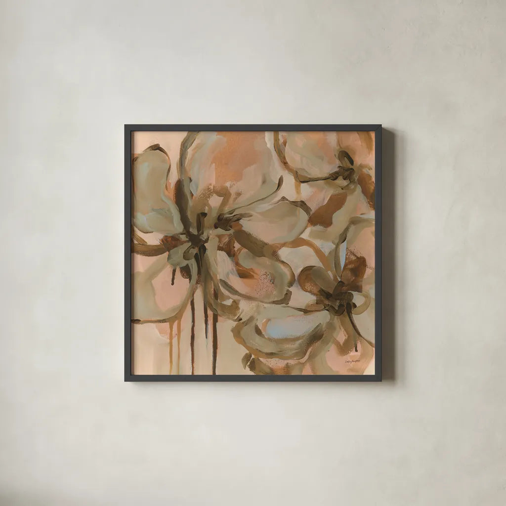 Petal Play I by Haley Knighten. Shown in a sleek black glass frame for a contemporary gallery look. Available as an archival giclee rolled canvas, fine art paper, or poster print. SKU 93301a.