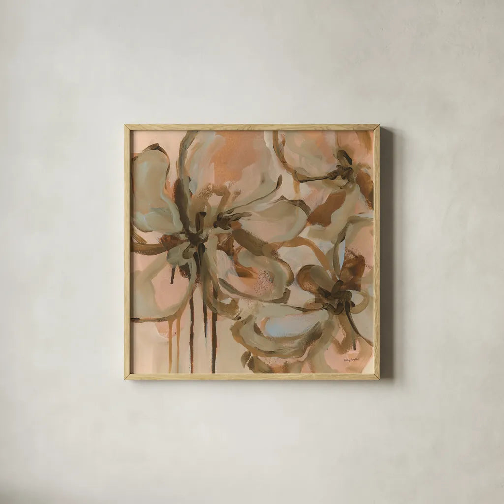 Petal Play I by Haley Knighten. Shown in a natural wood glass frame for a timeless modern aesthetic. Available as an archival giclee rolled canvas, fine art paper, or poster print. SKU 93301a.