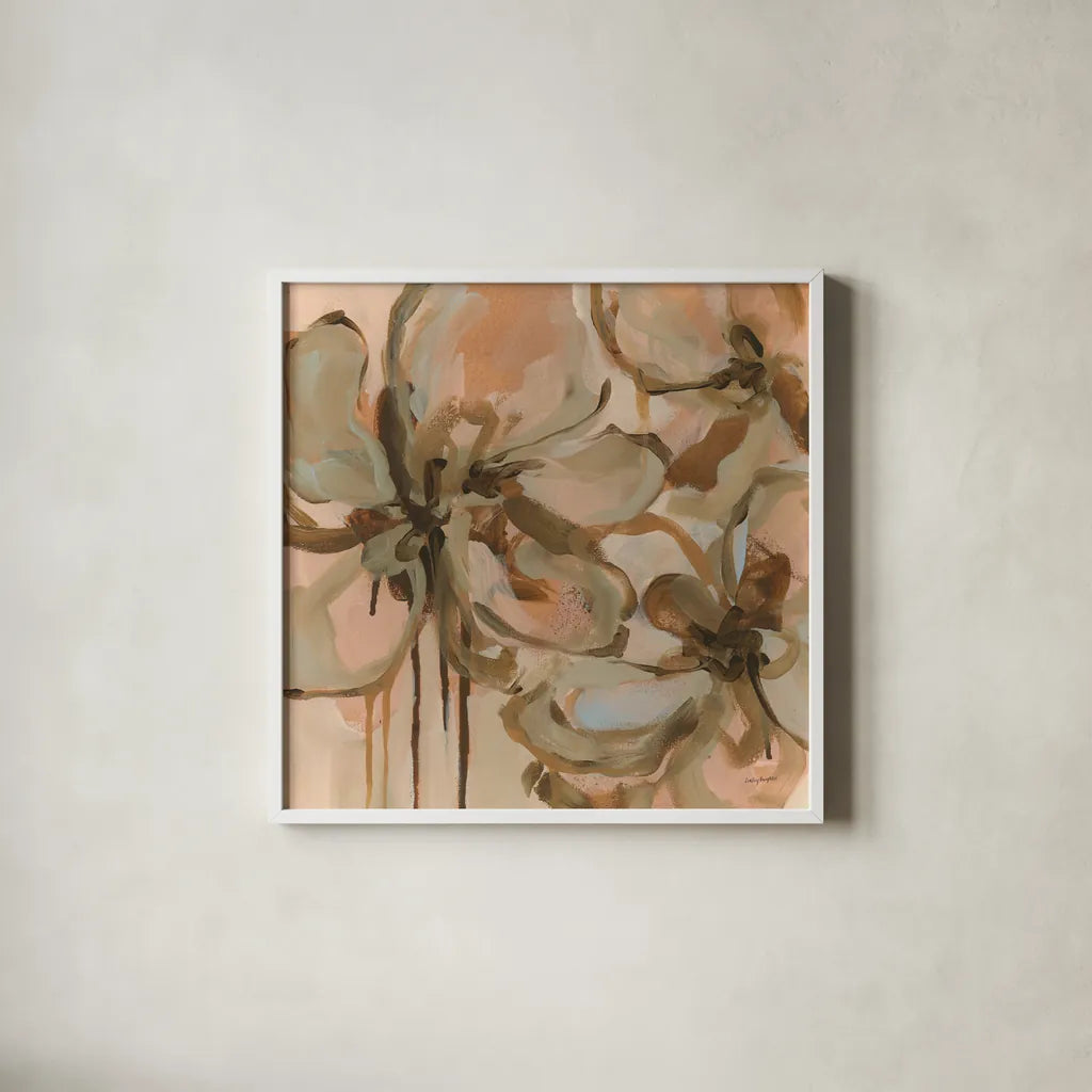 Petal Play I by Haley Knighten. Shown in a crisp white glass frame for a clean and minimalist style. Available as an archival giclee rolled canvas, fine art paper, or poster print. SKU 93301a.