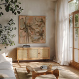 Petal Play I by Haley Knighten. Shown in a natural wood frame in a cozy modern living room. Available as an archival giclee rolled canvas, fine art paper, or poster print. SKU 93301a.