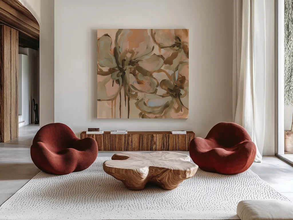 Petal Play I by Haley Knighten. Shown as extra-large giant wall art in a modern living room. Available as an archival giclee rolled canvas, fine art paper, or poster print. SKU 93301a.
