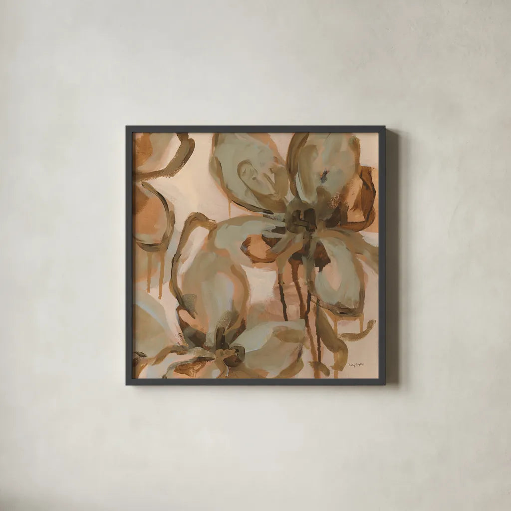 Petal Play II by Haley Knighten. Shown in a sleek black glass frame for a contemporary gallery look. Available as an archival giclee rolled canvas, fine art paper, or poster print. SKU 93302a.