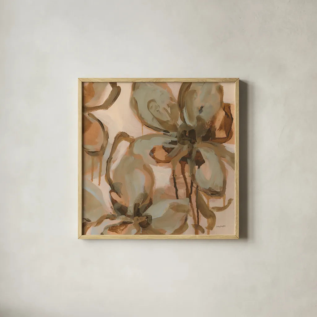 Petal Play II by Haley Knighten. Shown in a natural wood glass frame for a timeless modern aesthetic. Available as an archival giclee rolled canvas, fine art paper, or poster print. SKU 93302a.