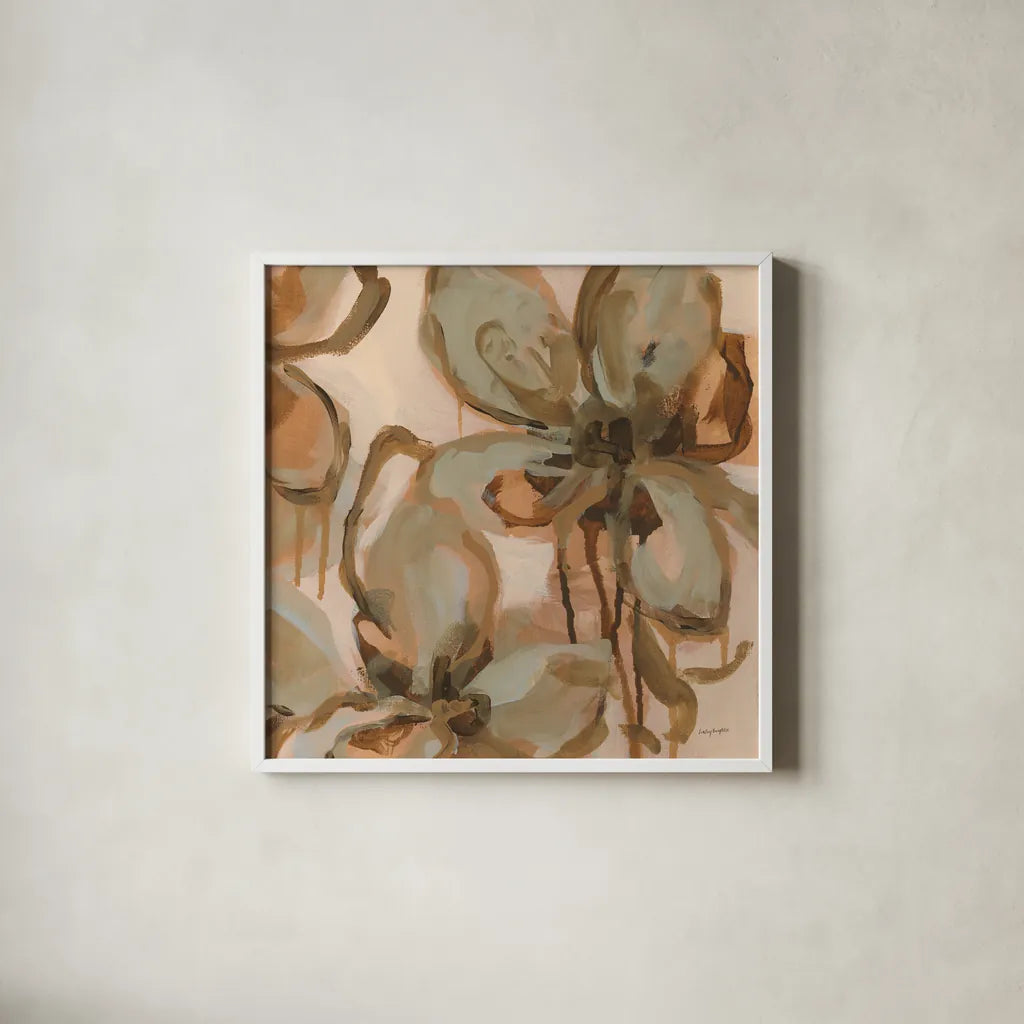 Petal Play II by Haley Knighten. Shown in a crisp white glass frame for a clean and minimalist style. Available as an archival giclee rolled canvas, fine art paper, or poster print. SKU 93302a.