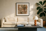 Petal Play II by Haley Knighten. Displayed in a glass frame with matte in a clean modern living room. Available as an archival giclee rolled canvas, fine art paper, or poster print. SKU 93302a.