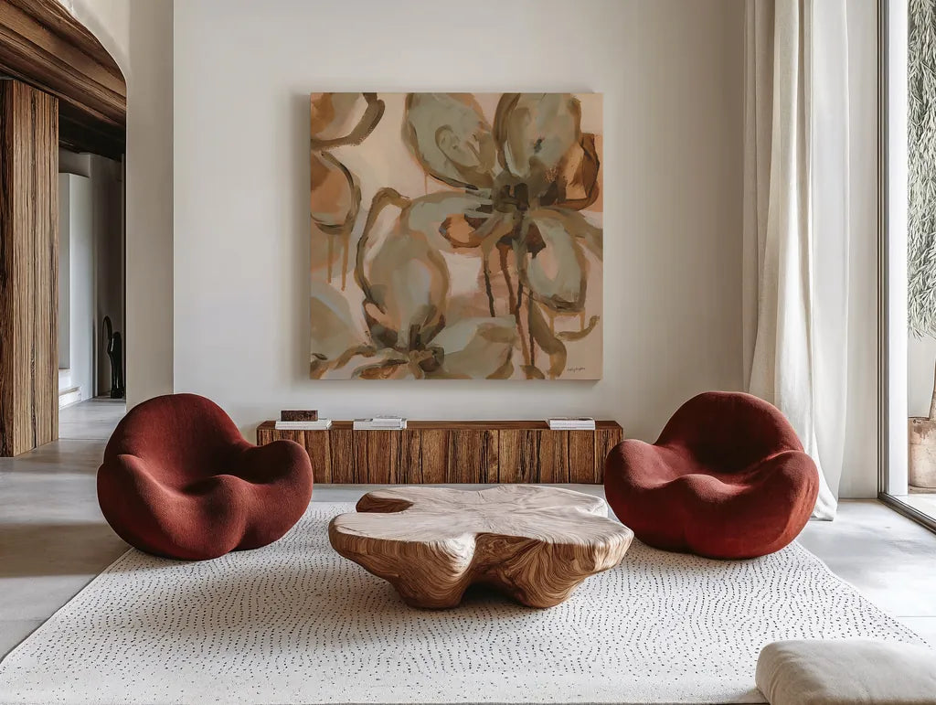 Petal Play II by Haley Knighten. Shown as extra-large giant wall art in a modern living room. Available as an archival giclee rolled canvas, fine art paper, or poster print. SKU 93302a.
