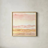 Pink Horizon I by Haley Knighten. Shown in a natural wood glass frame for a timeless modern aesthetic. Available as an archival giclee rolled canvas, fine art paper, or poster print. SKU 91619a.