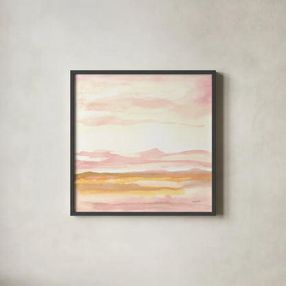 Pink Horizon II by Haley Knighten. Shown in a sleek black glass frame for a contemporary gallery look. Available as an archival giclee rolled canvas, fine art paper, or poster print. SKU 91620a.