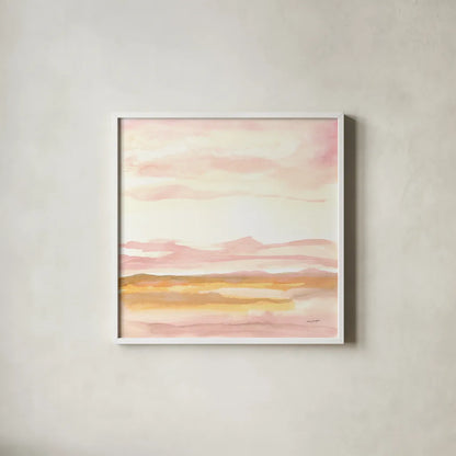 Pink Horizon II by Haley Knighten. Shown in a crisp white glass frame for a clean and minimalist style. Available as an archival giclee rolled canvas, fine art paper, or poster print. SKU 91620a.