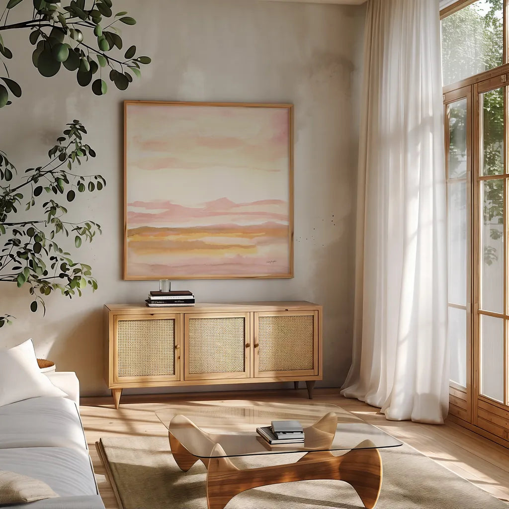 Pink Horizon II by Haley Knighten. Shown in a natural wood frame in a cozy modern living room. Available as an archival giclee rolled canvas, fine art paper, or poster print. SKU 91620a.
