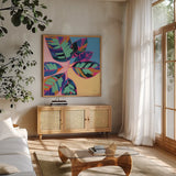 Plant Lady I by Haley Knighten. Shown in a natural wood frame in a cozy modern living room. Available as an archival giclee rolled canvas, fine art paper, or poster print. SKU 93303a.